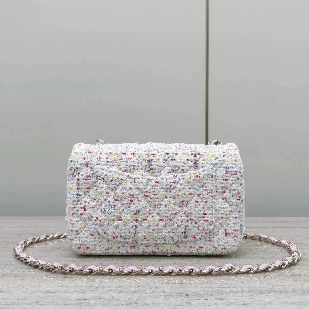 CHANEL Tweed Sequin Quilted Mini Rectangular Flap White Pink - image 3