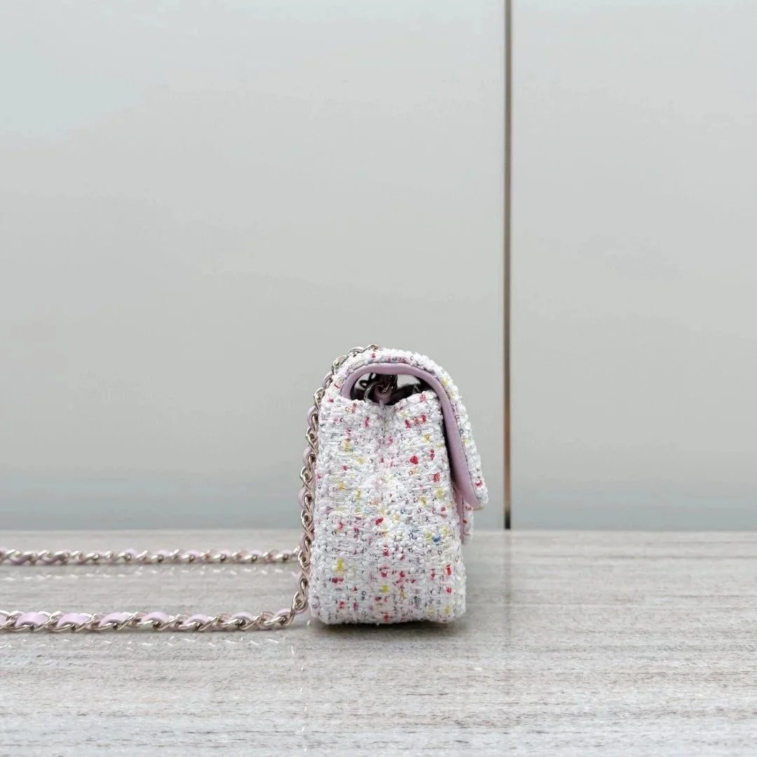 CHANEL Tweed Sequin Quilted Mini Rectangular Flap White Pink - image 4