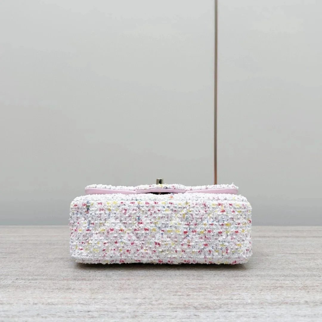 CHANEL Tweed Sequin Quilted Mini Rectangular Flap White Pink - image 5