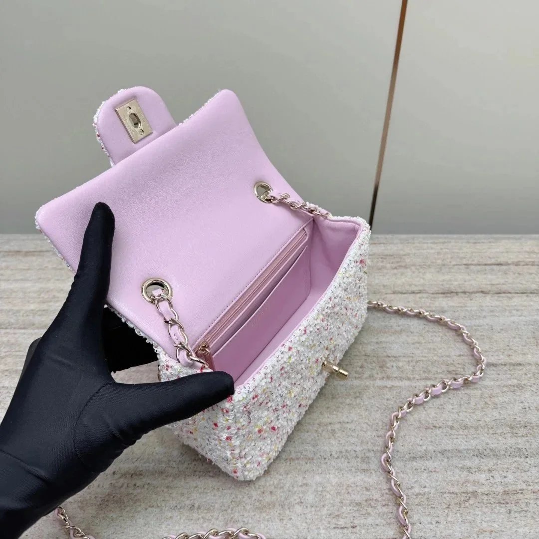 CHANEL Tweed Sequin Quilted Mini Rectangular Flap White Pink - image 6