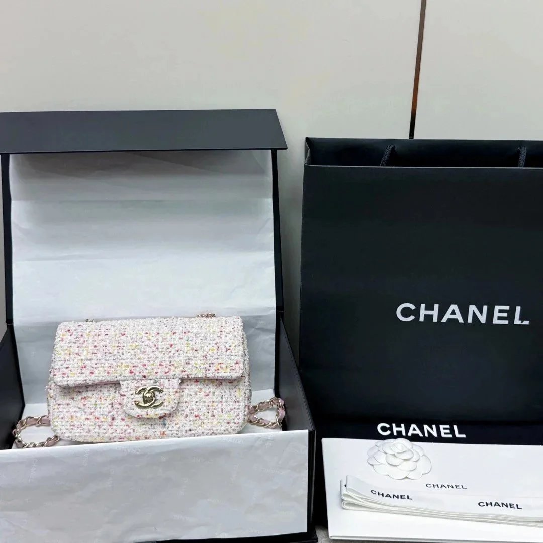 CHANEL Tweed Sequin Quilted Mini Rectangular Flap White Pink - image 8