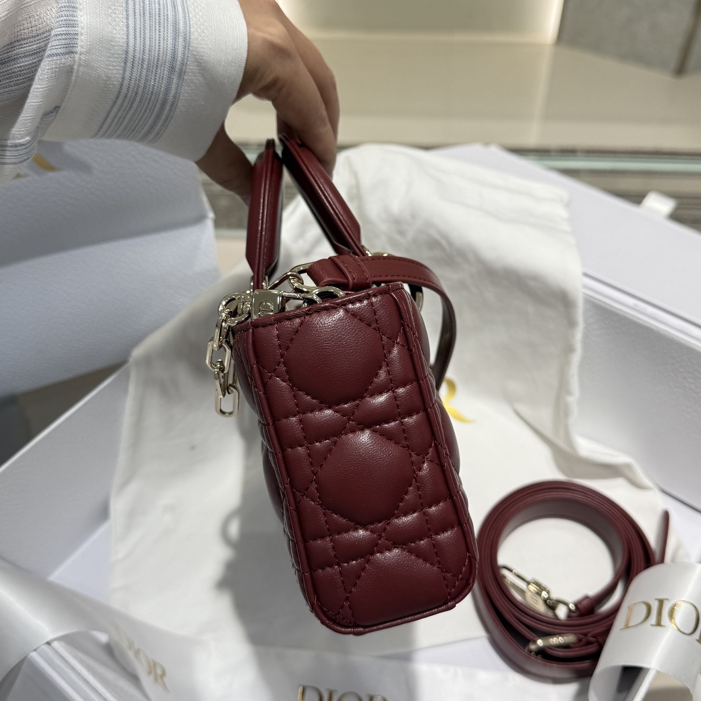 Small Lady D-Joy Bag Cannage Lambskin Burgundy - image 4