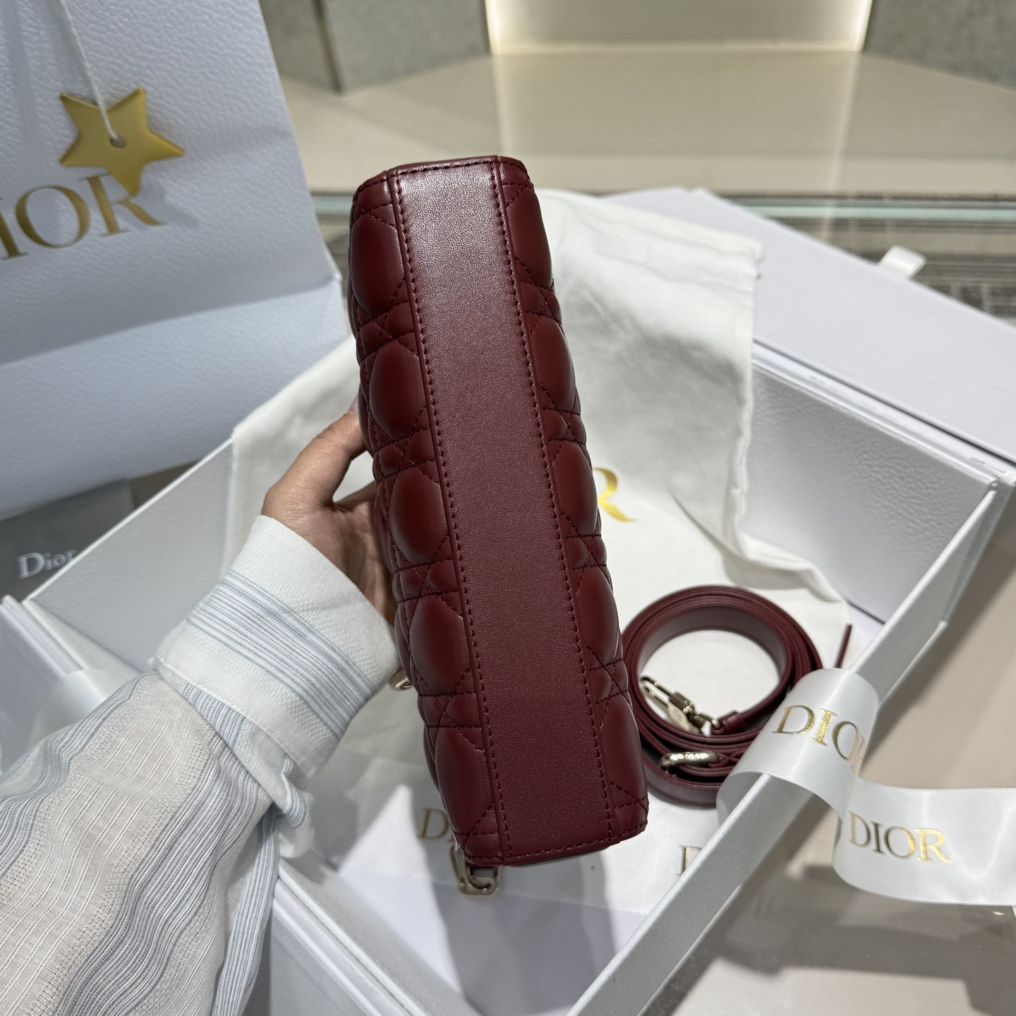 Small Lady D-Joy Bag Cannage Lambskin Burgundy - image 5