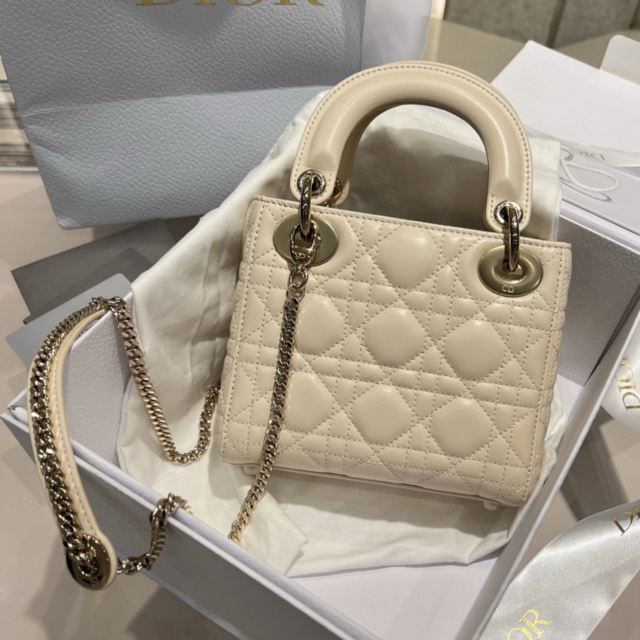 MINI Lady Dior Cannage Lambskin Light Beige - image 3