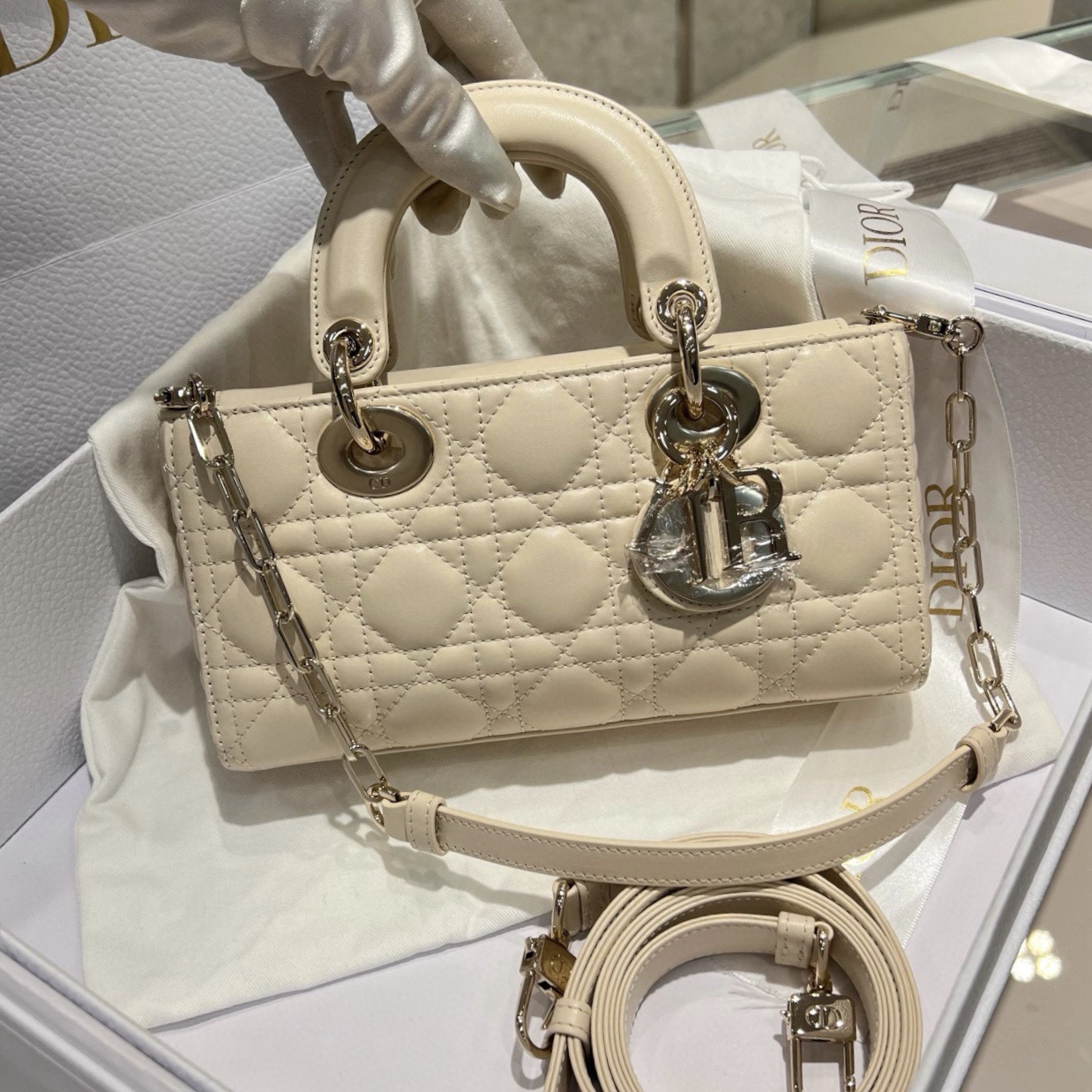 Small Lady D-Joy Bag Light Beige Cannage Lambskin - image 2