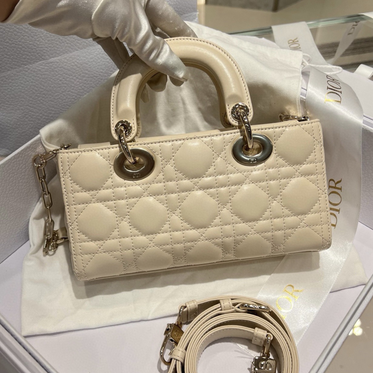 Small Lady D-Joy Bag Light Beige Cannage Lambskin - image 3