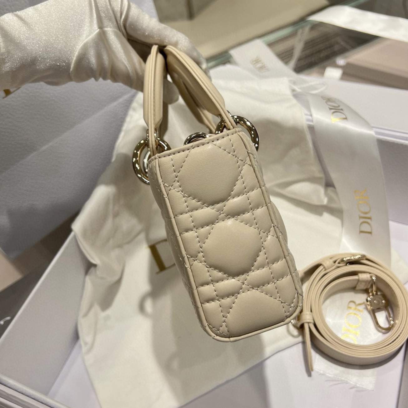 Small Lady D-Joy Bag Light Beige Cannage Lambskin - image 4
