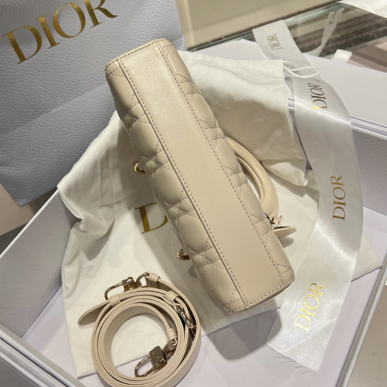 Small Lady D-Joy Bag Light Beige Cannage Lambskin - image 5