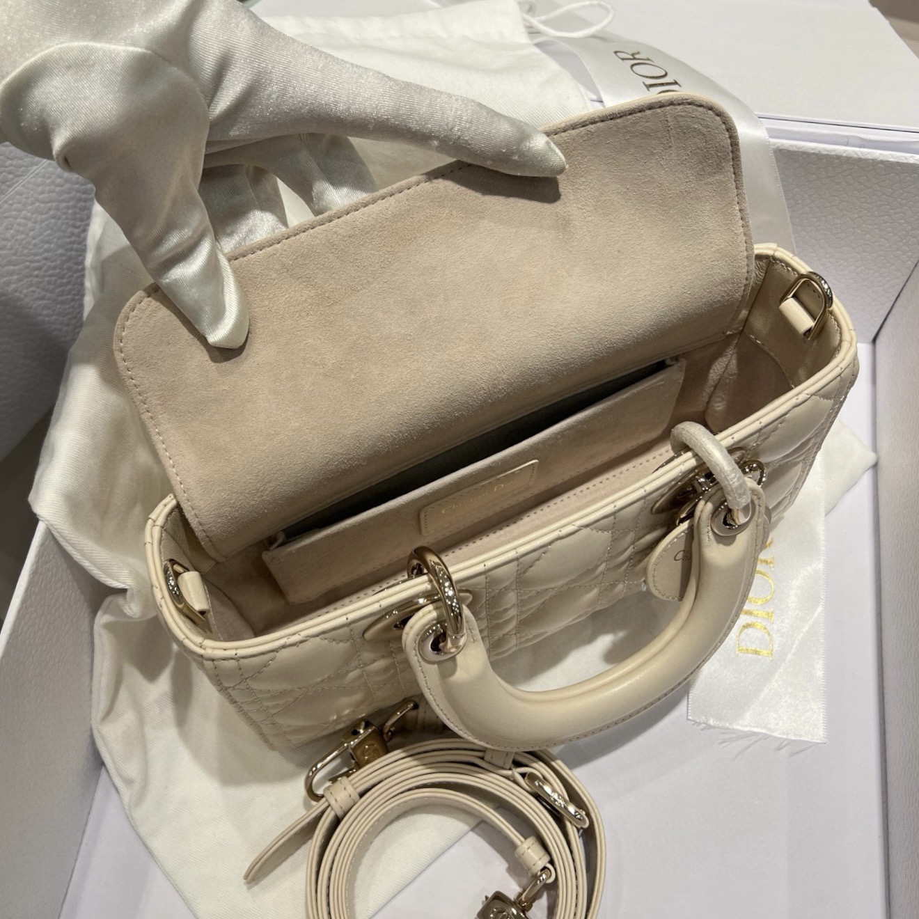 Small Lady D-Joy Bag Light Beige Cannage Lambskin - image 6