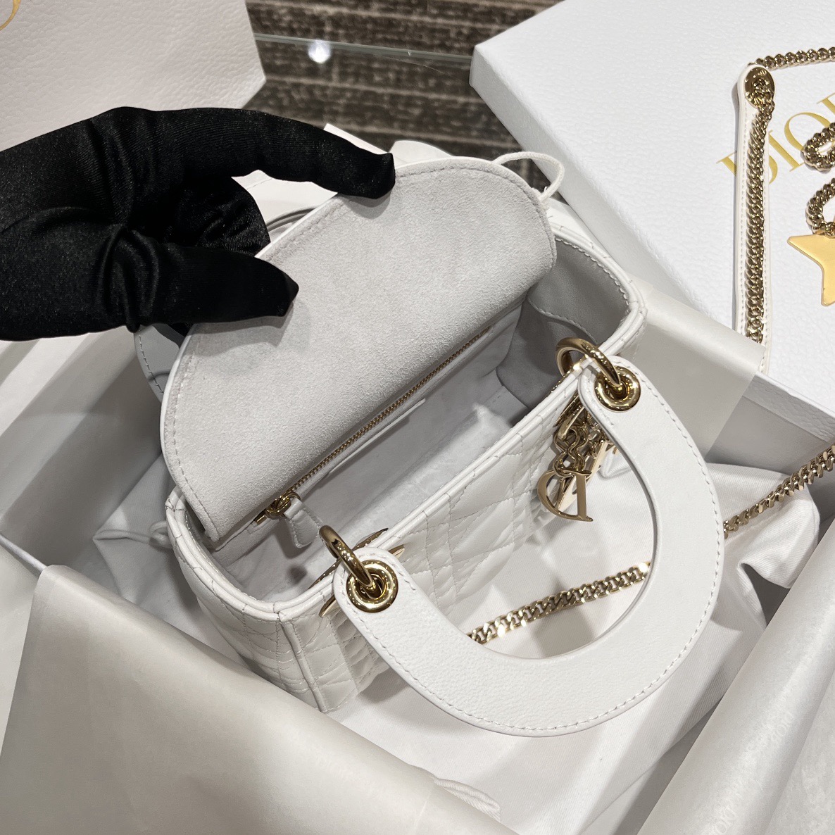 Mini Lady Dior Bag Latte Pearlescent Cannage Lambskin - image 6