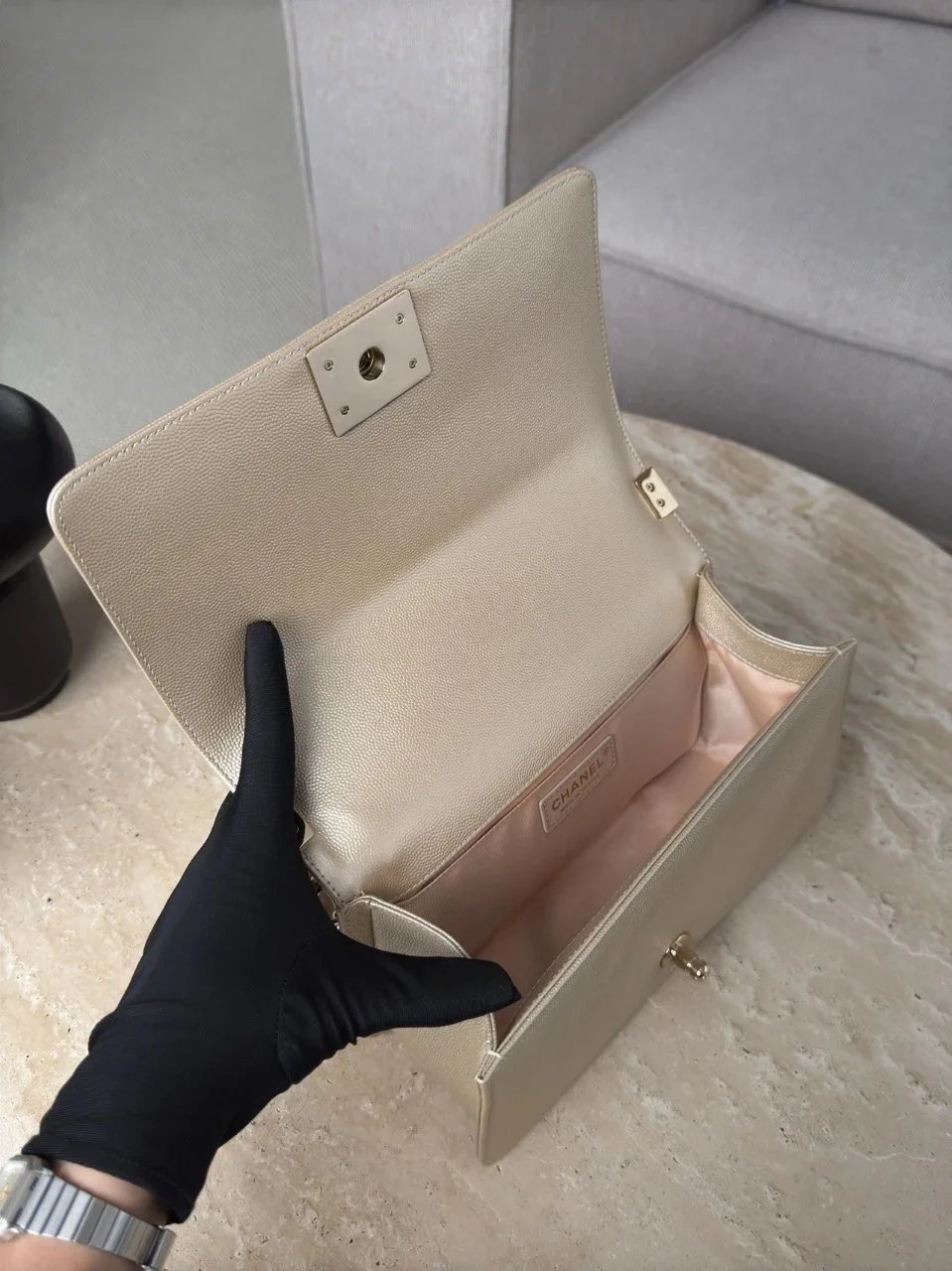 CHANEL Le Boy 25 Champagne Gold Bag - image 6