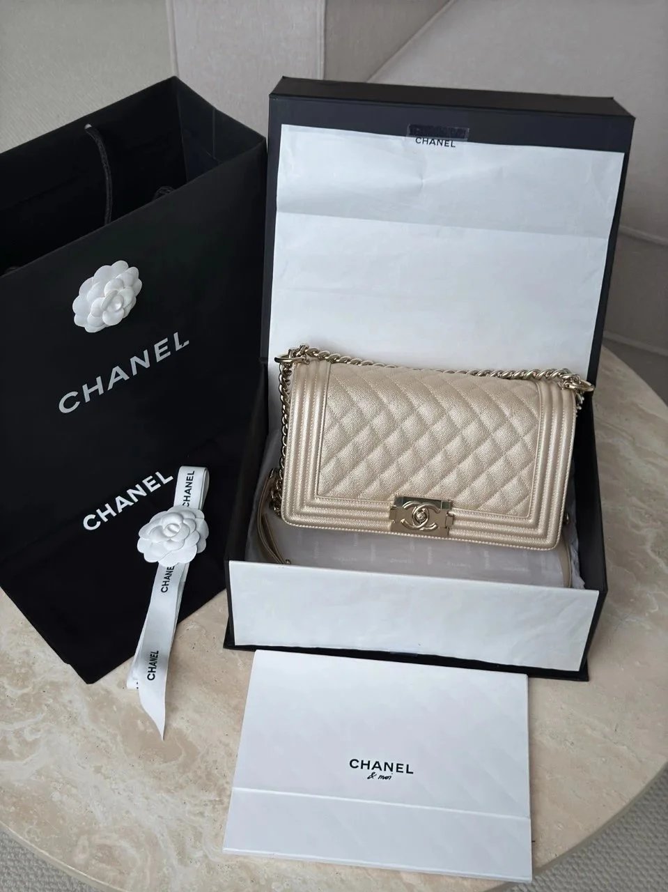 CHANEL Le Boy 25 Champagne Gold Bag - image 8