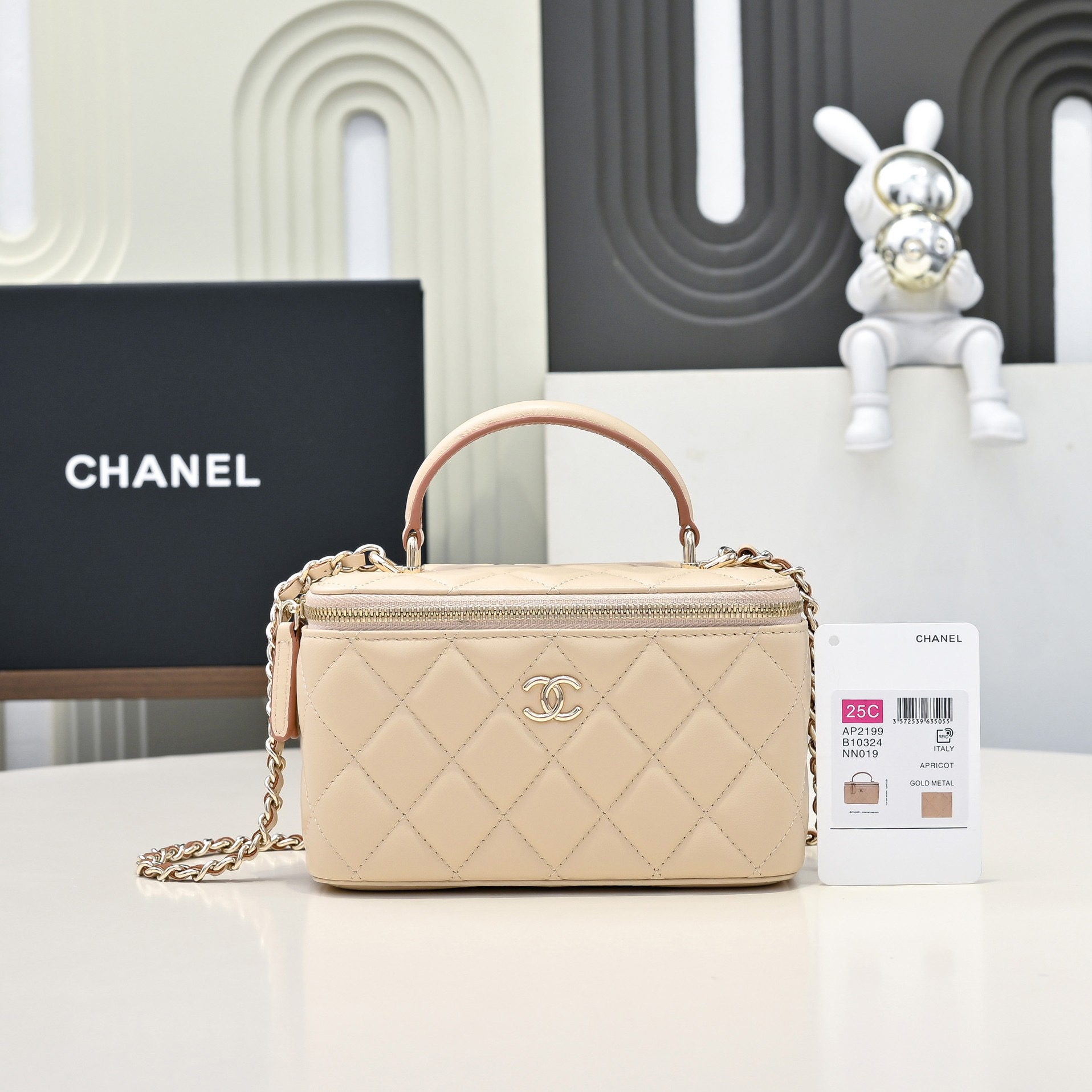 CHANEL Lambskin Quilted Small Top Handle Vanity Case With Chain Ecru Dark Beige - image 2