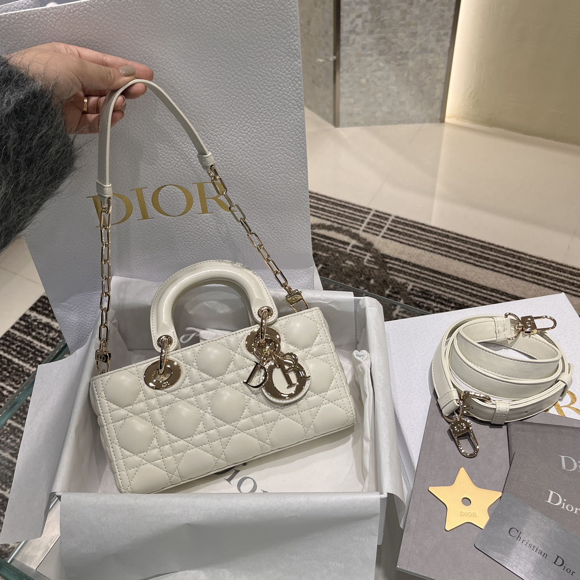 Small Lady D-Joy Bag Cannage Lambskin Latte - image 7