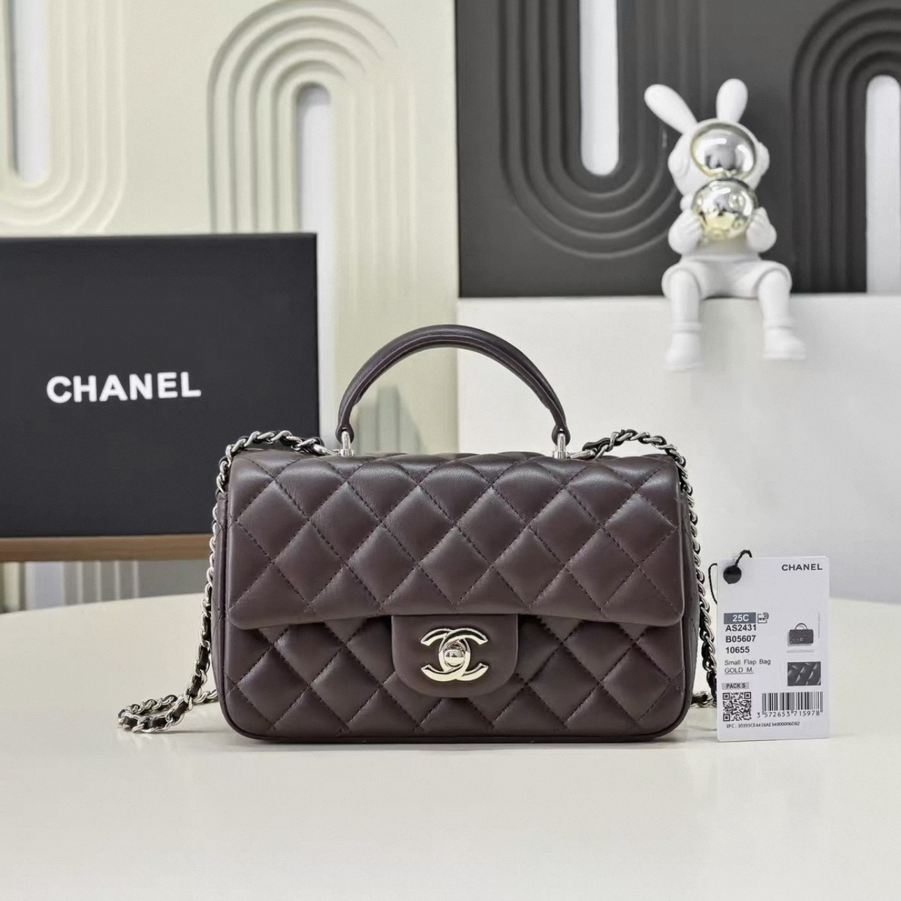 CHANEL CF MINI Handle Lambskin Chocolate Color - image 2