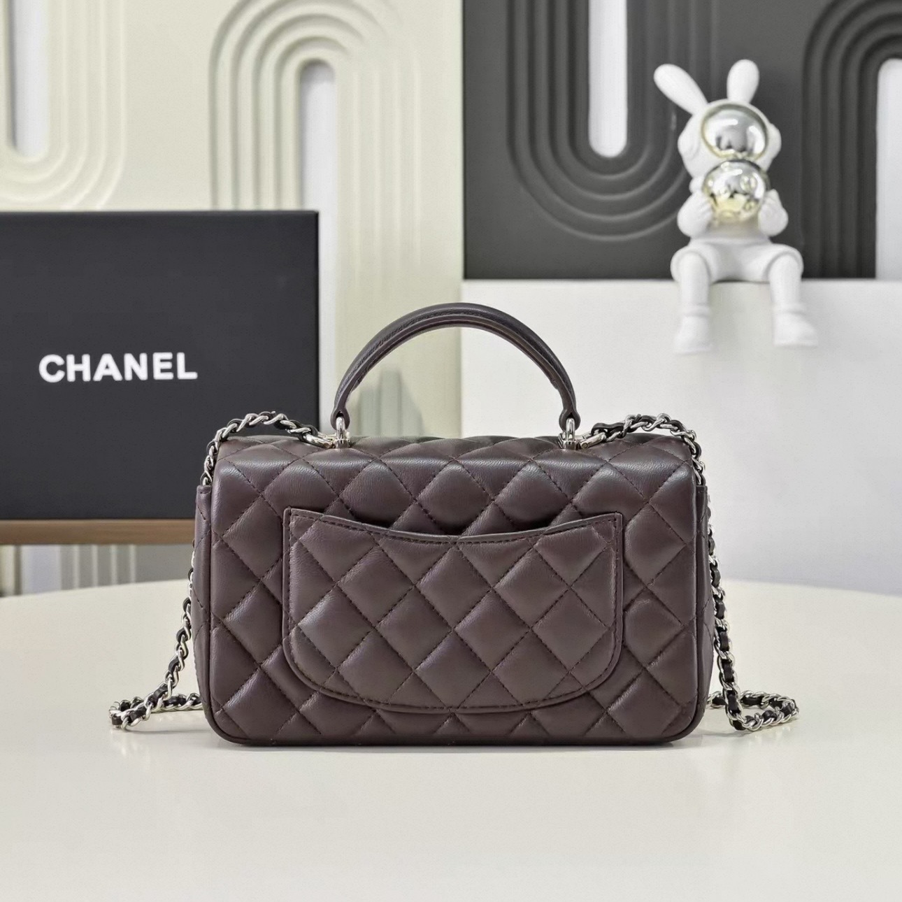 CHANEL CF MINI Handle Lambskin Chocolate Color - image 3
