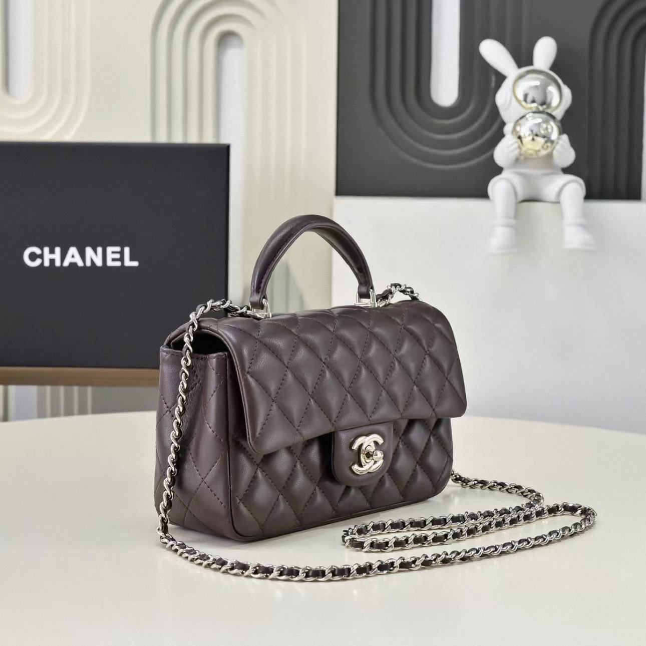CHANEL CF MINI Handle Lambskin Chocolate Color - image 4