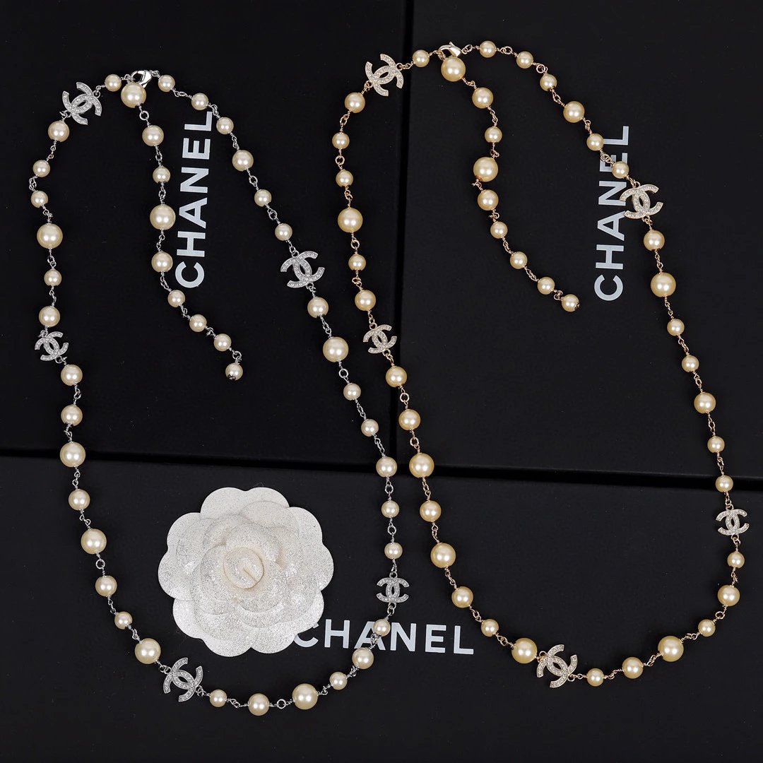 CHANEL Necklace Metal, Glass & Strass  Silver & Pearly White - image 8