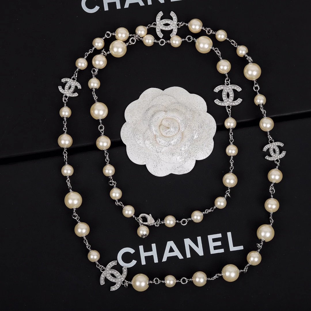 CHANEL Necklace Metal, Glass & Strass  Silver & Pearly White - image 2