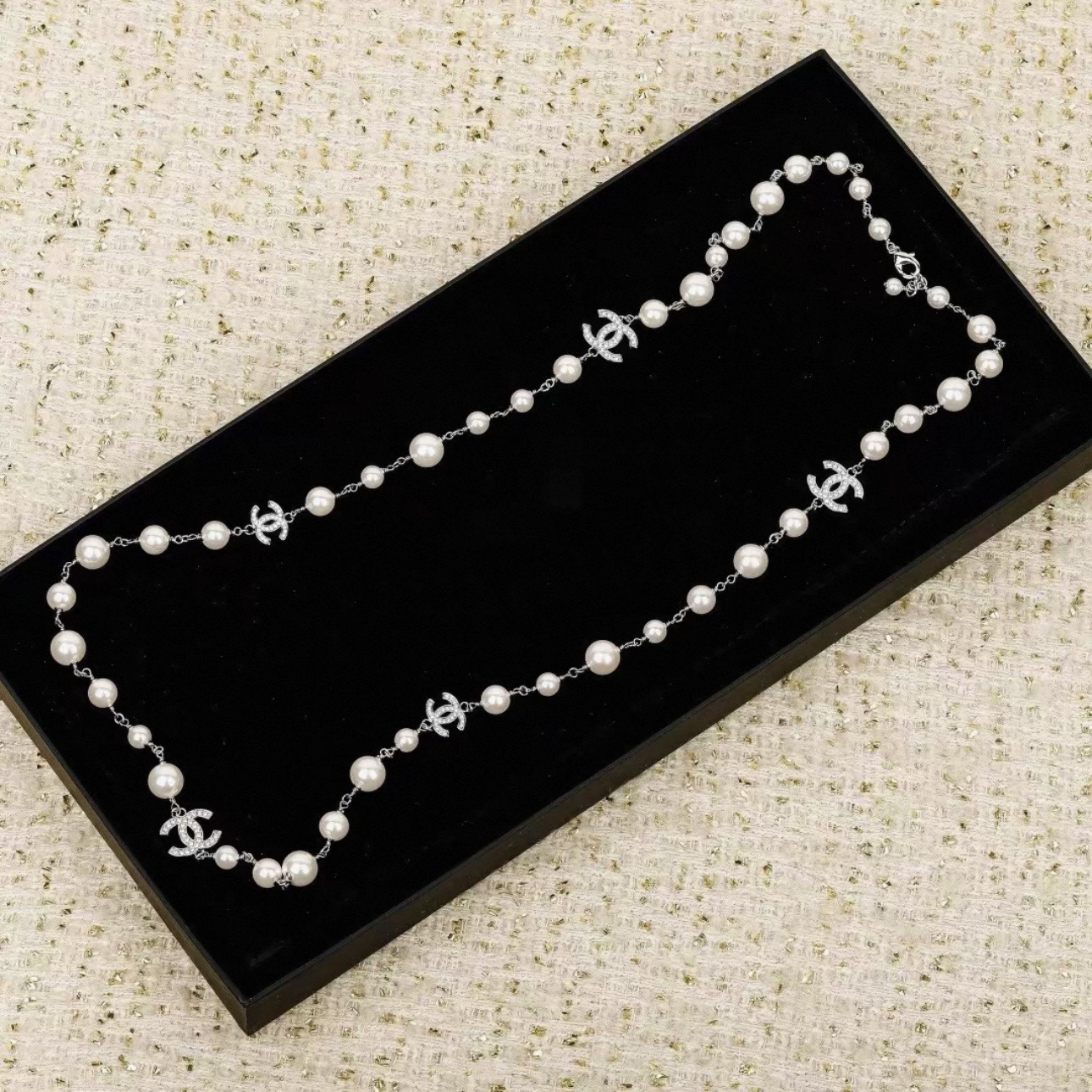 CHANEL Necklace Metal, Glass & Strass  Silver & Pearly White - image 3