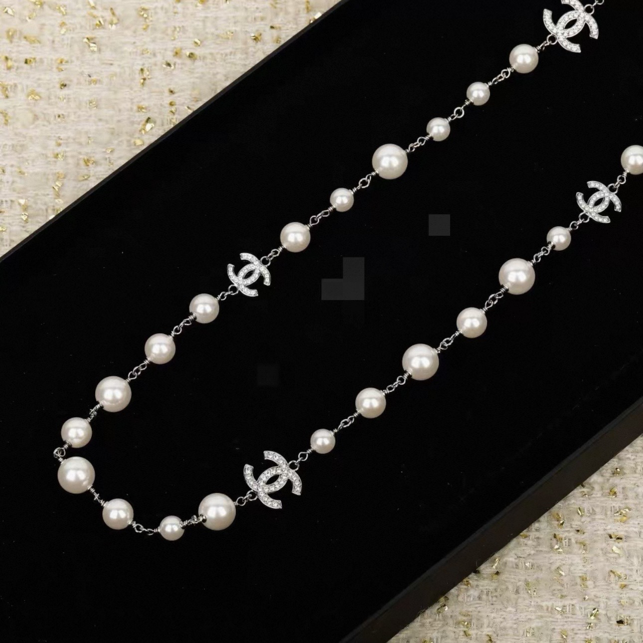 CHANEL Necklace Metal, Glass & Strass  Silver & Pearly White - image 4