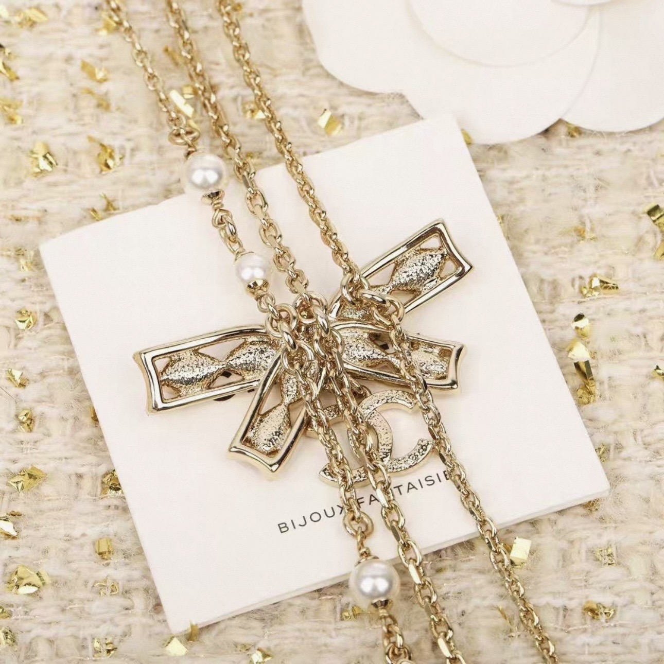 CHANEL Multi-layer bow embossing Necklace - image 3