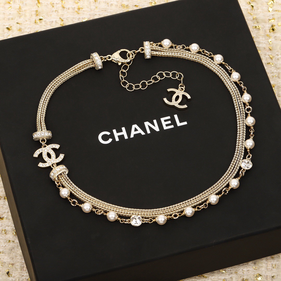 CHANEL Crystal, Imitation Pearl and Gold Metal Double Strand Choker - image 2