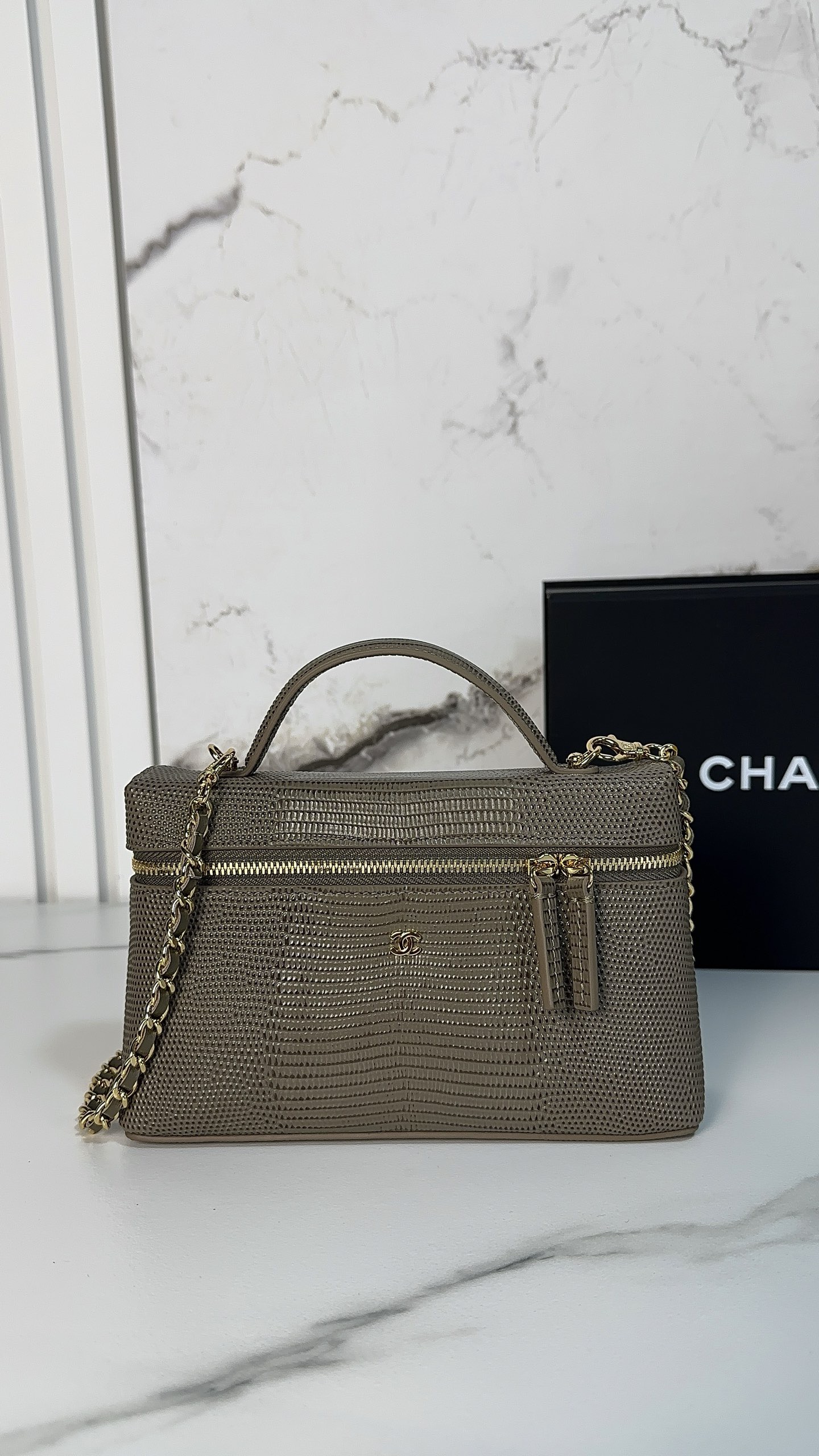 CHANEL Vanity Bag with Chain Dark Khaki Lizard Embossed Calfskin - image 2