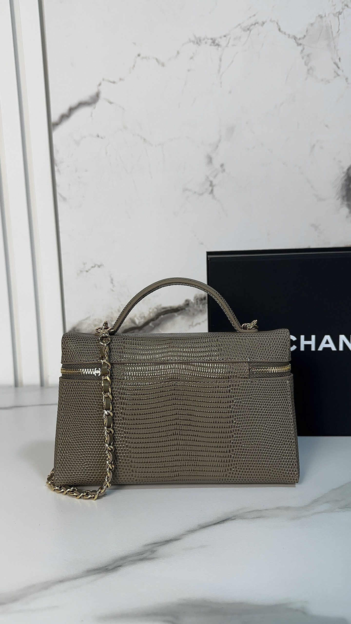 CHANEL Vanity Bag with Chain Dark Khaki Lizard Embossed Calfskin - image 3