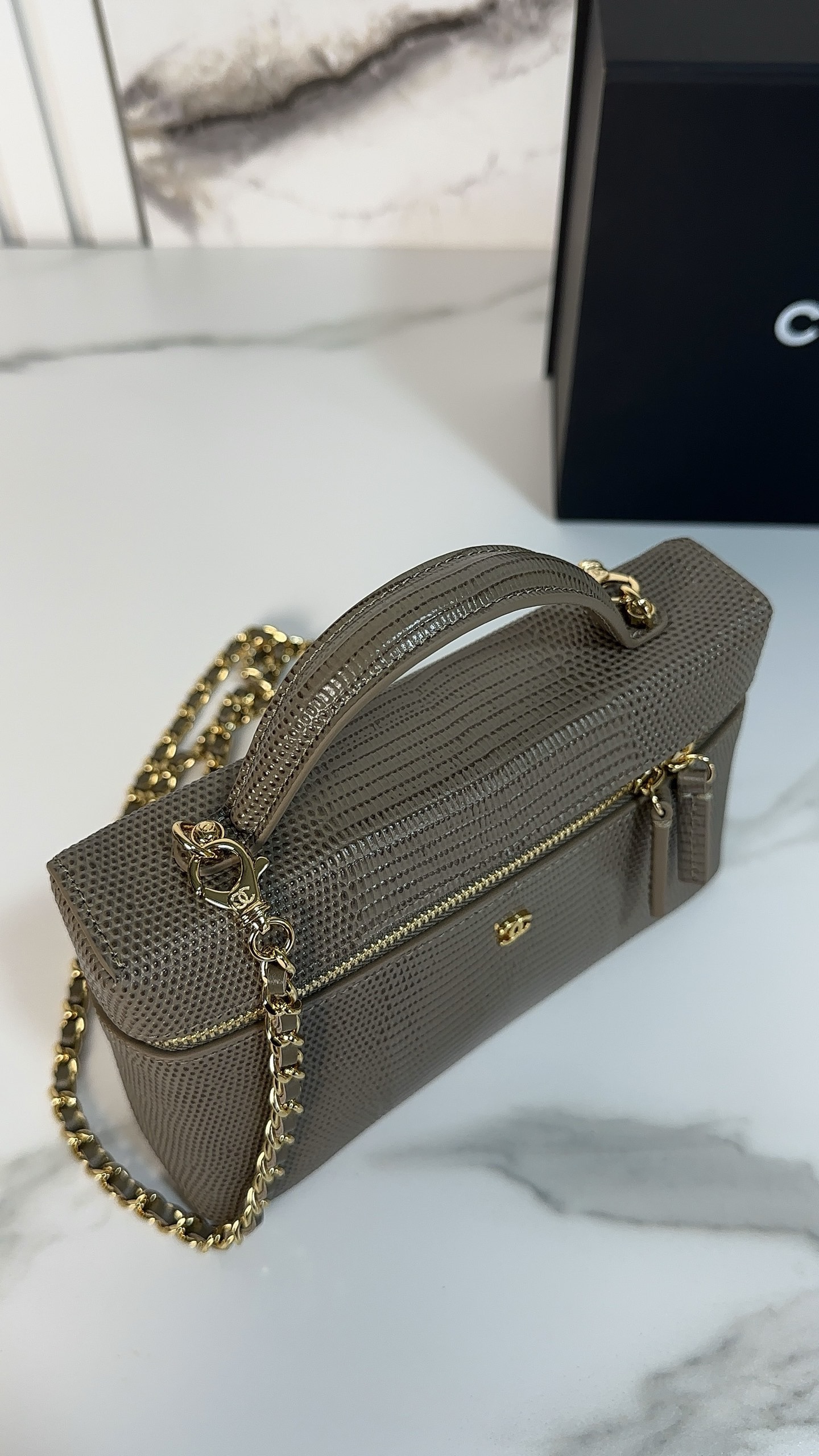 CHANEL Vanity Bag with Chain Dark Khaki Lizard Embossed Calfskin - image 5