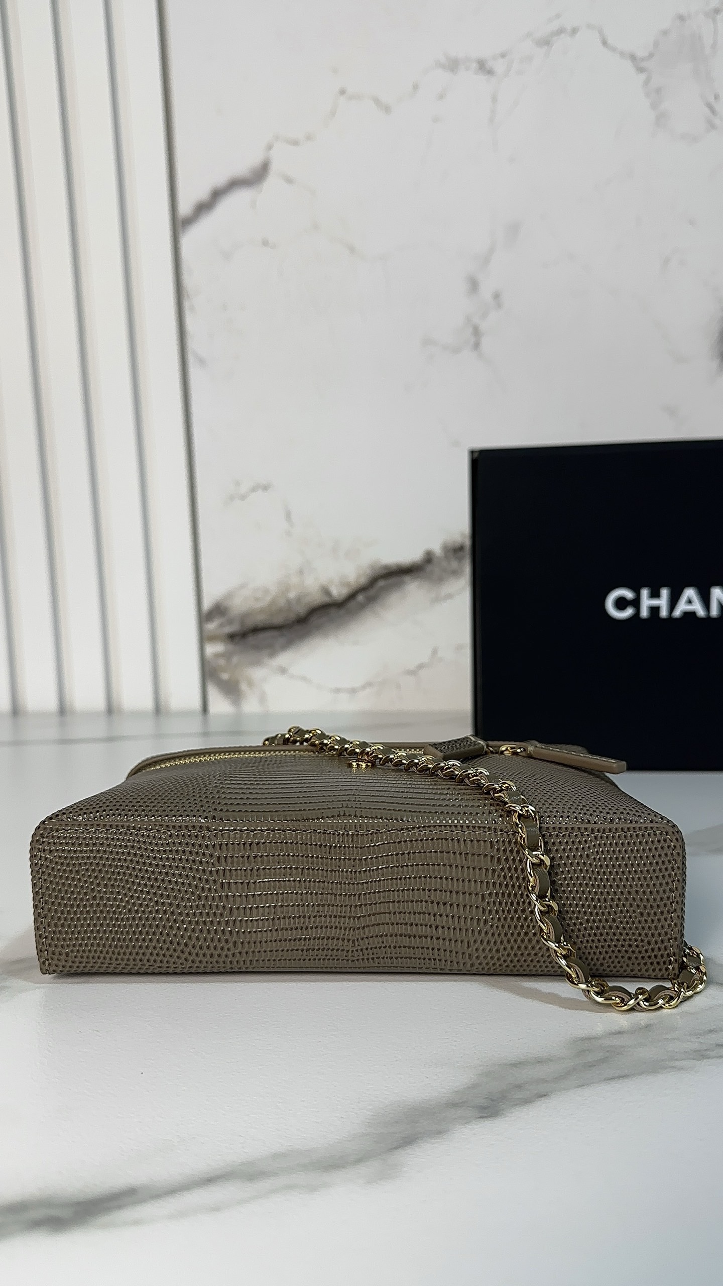 CHANEL Vanity Bag with Chain Dark Khaki Lizard Embossed Calfskin - image 6