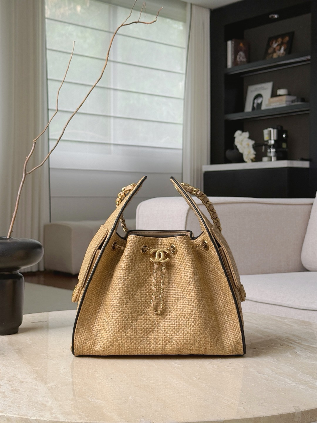CHANEL MINI 25 Hobo Bag Beige Raffia and Black Calfskin - image 2