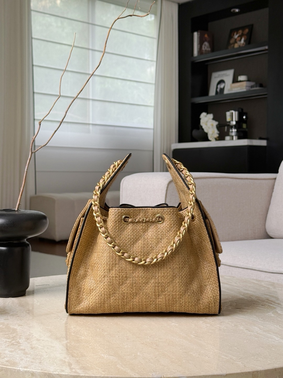 CHANEL MINI 25 Hobo Bag Beige Raffia and Black Calfskin - image 3