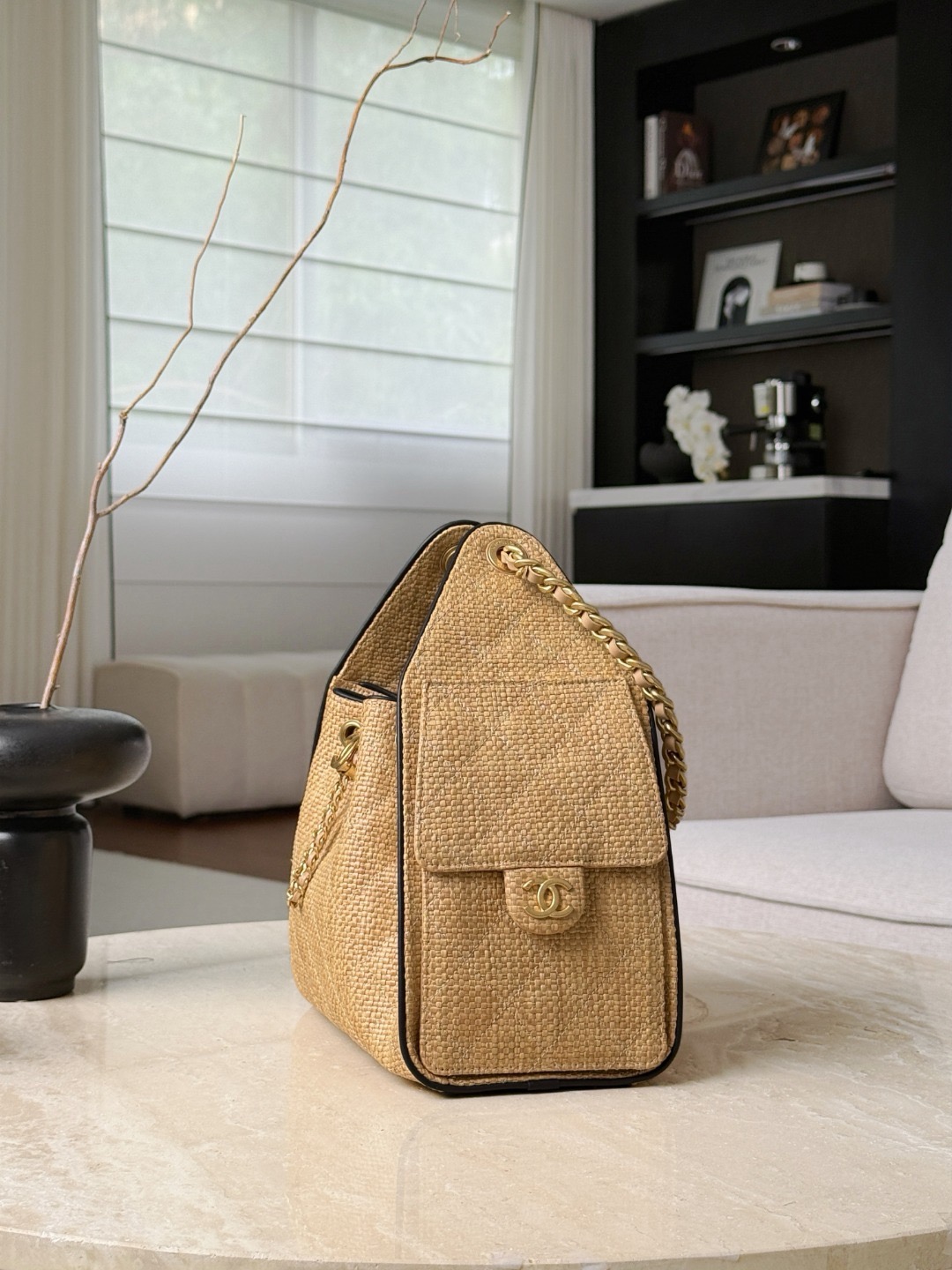 CHANEL MINI 25 Hobo Bag Beige Raffia and Black Calfskin - image 4