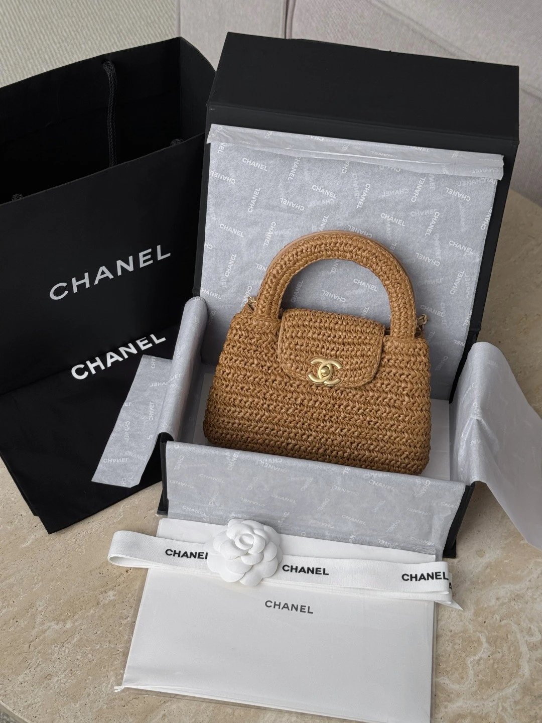 CHANEL Mini shopping bag, Braided raffia - image 8