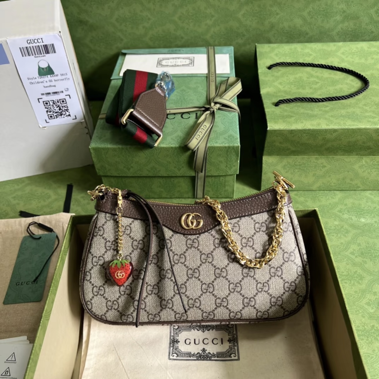 GUCCI Ophidia Strawberry Logo Pendant Chain Canvas with Leather Trim Underarm Bag - image 2