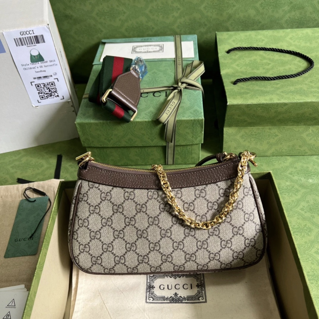 GUCCI Ophidia Strawberry Logo Pendant Chain Canvas with Leather Trim Underarm Bag - image 4
