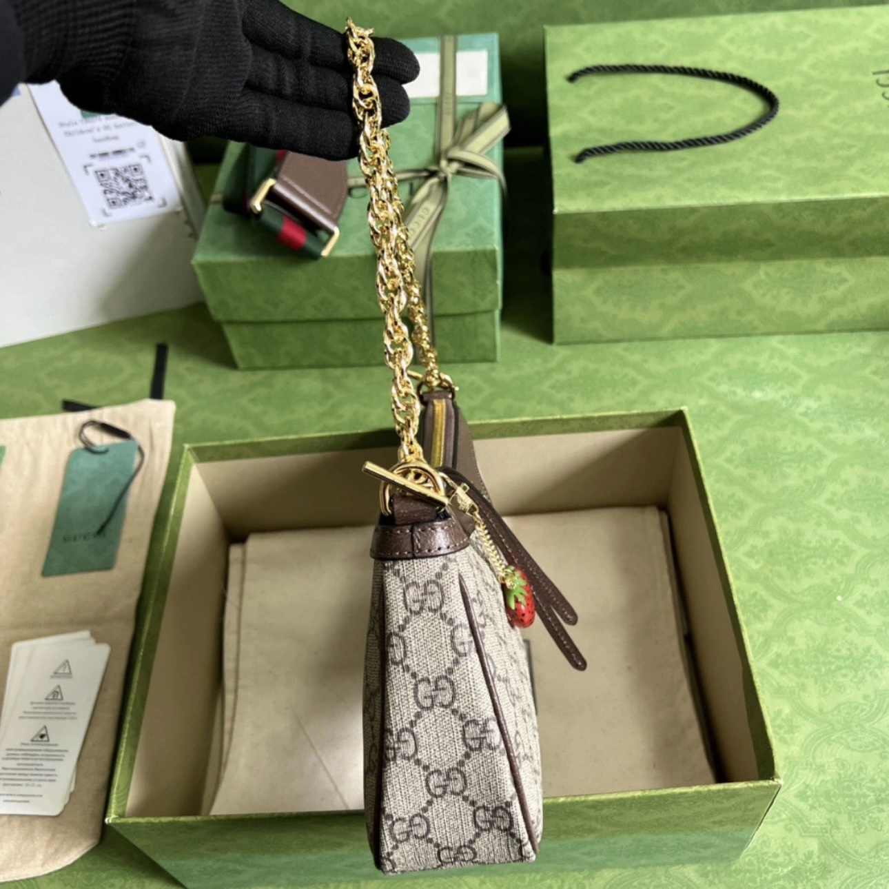 GUCCI Ophidia Strawberry Logo Pendant Chain Canvas with Leather Trim Underarm Bag - image 3