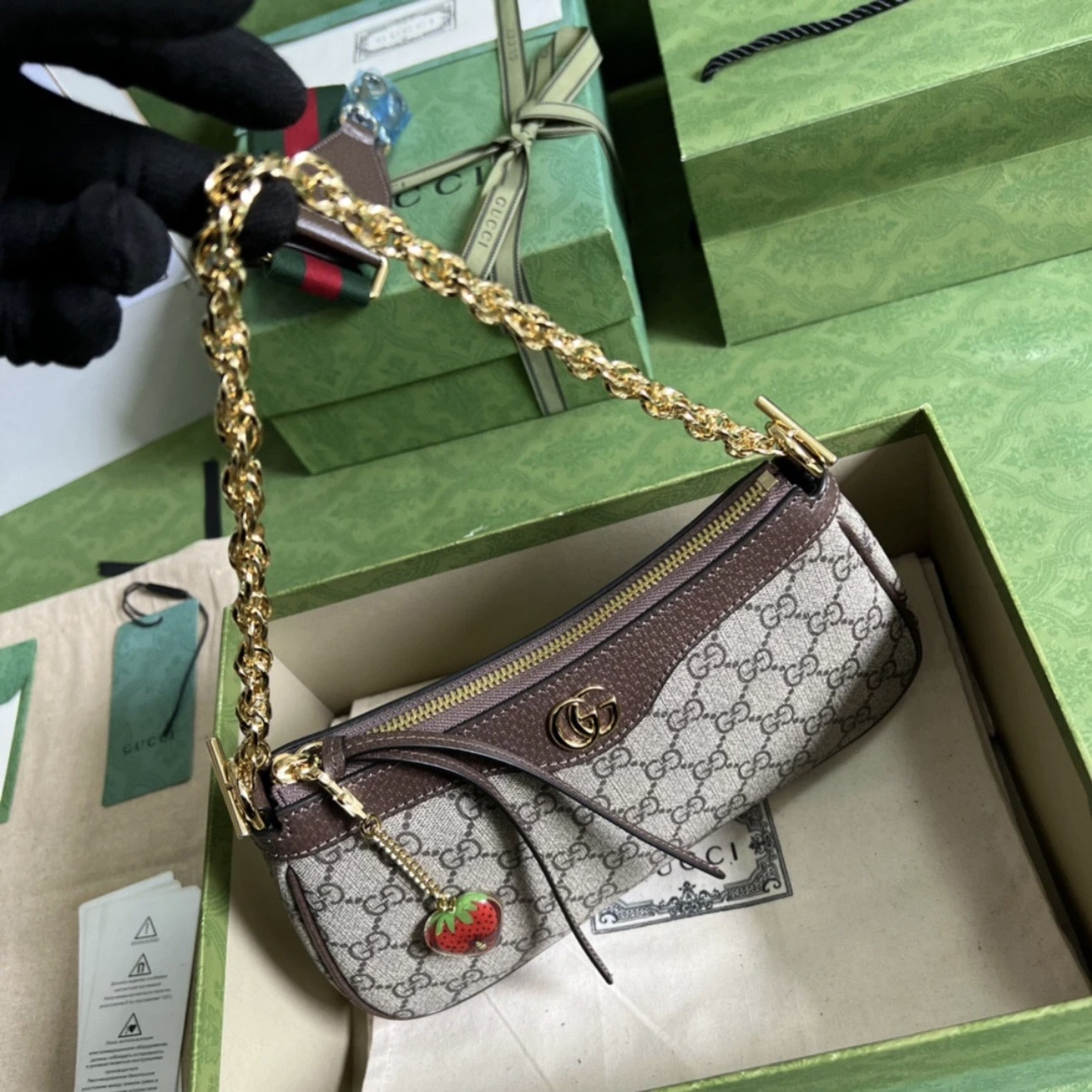 GUCCI Ophidia Strawberry Logo Pendant Chain Canvas with Leather Trim Underarm Bag - image 5