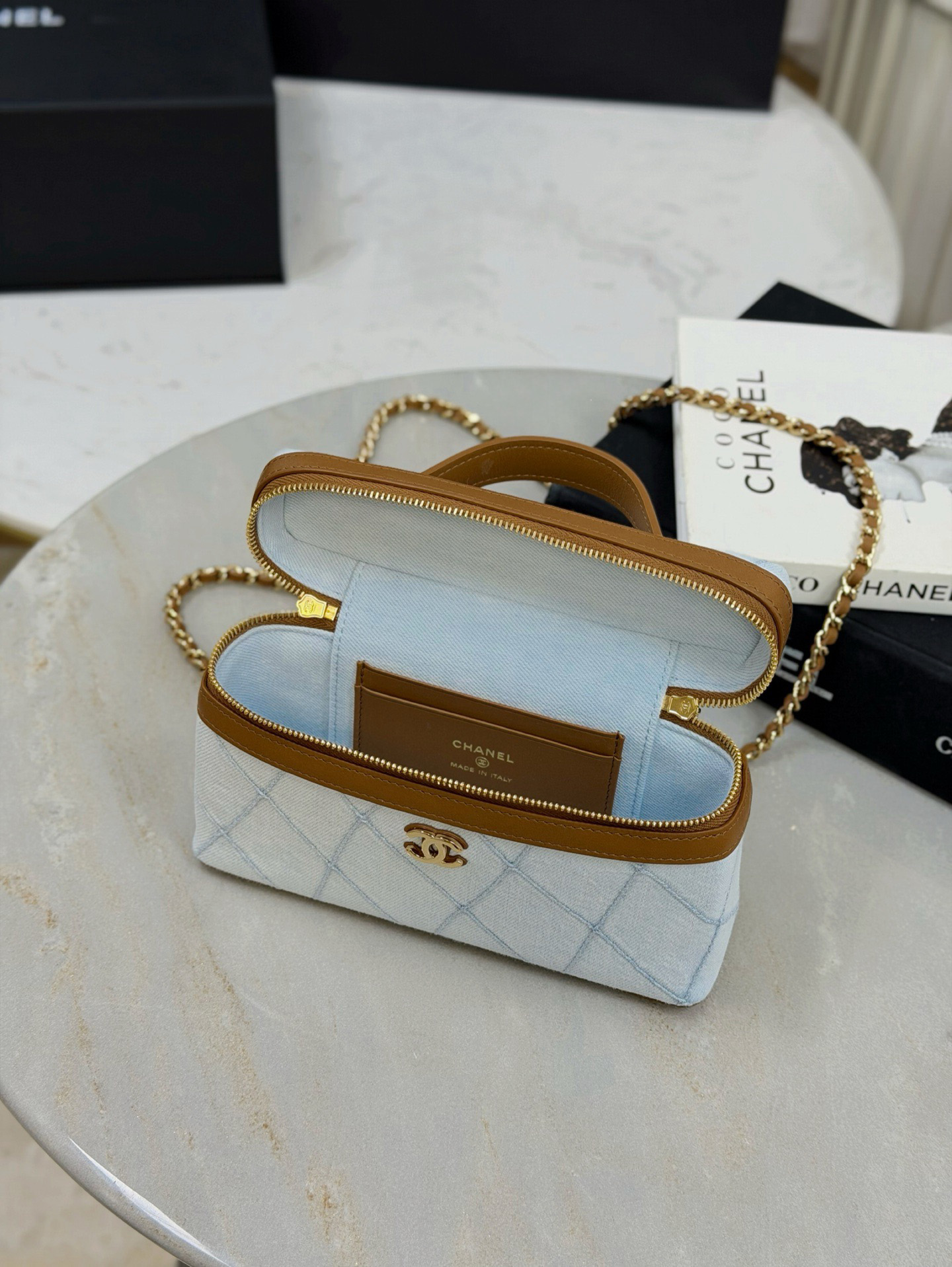 CHANEL Washed Denim Calfskin Vanity Case With Chain Blue Brown - image 6