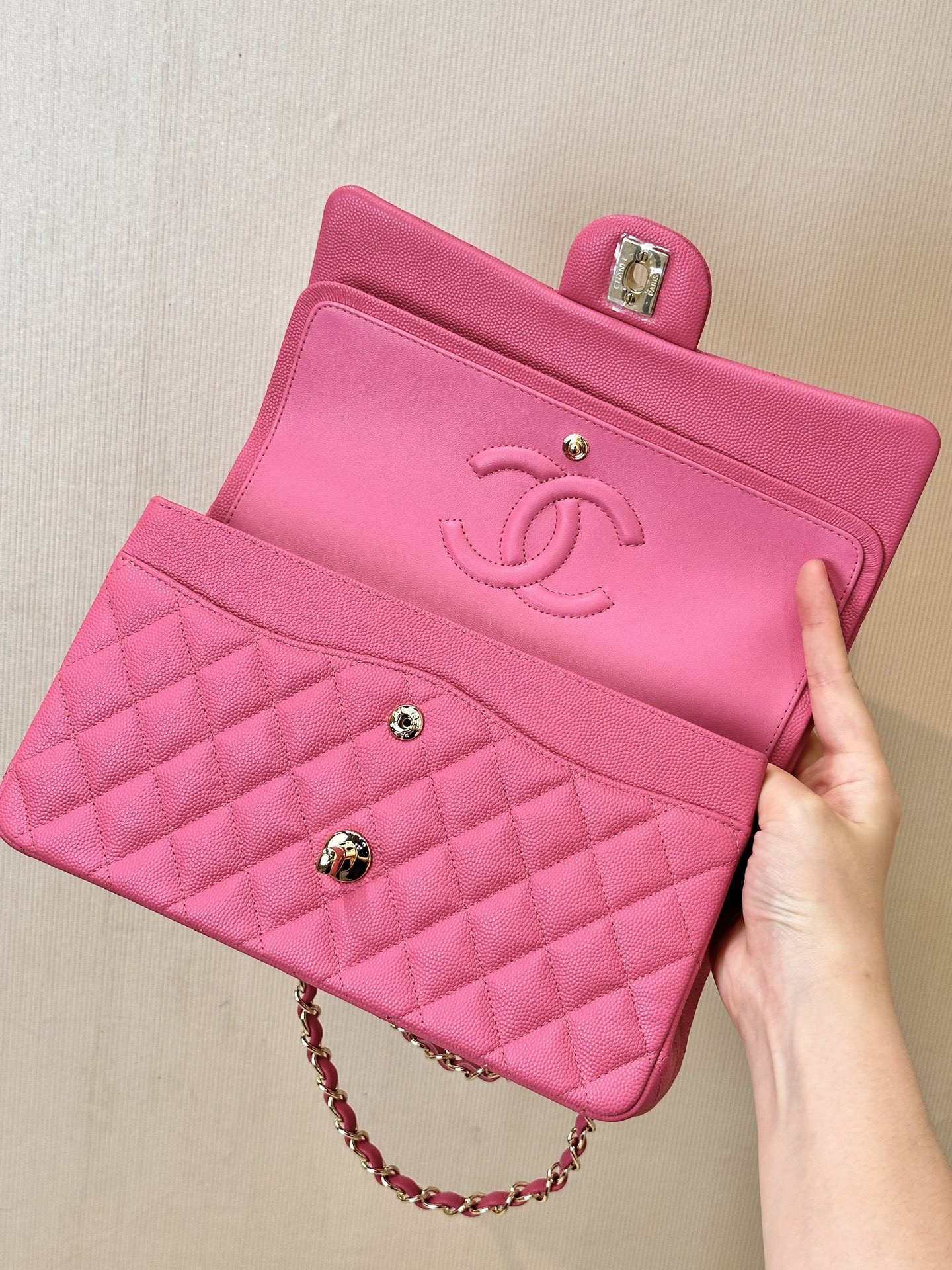 CHANEL Classique Flap Medium Handbag Champagne Gold Hardware - image 6