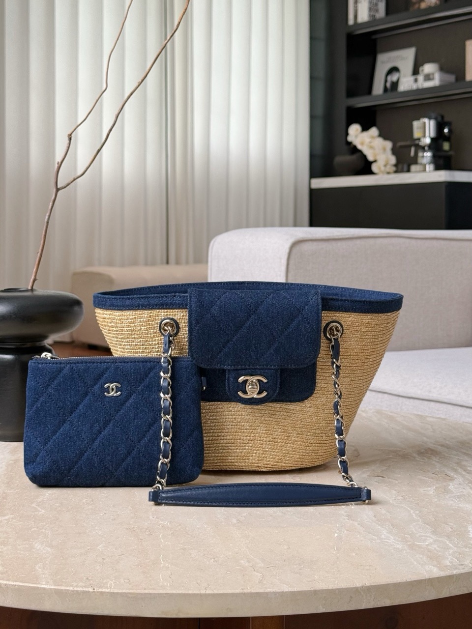 CHANEL Small Coco Beach Shopping Tote Bag Braided Straw and Denim - image 2