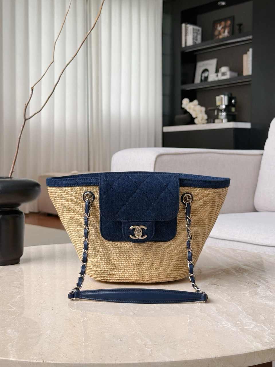 CHANEL Small Coco Beach Shopping Tote Bag Braided Straw and Denim - image 3