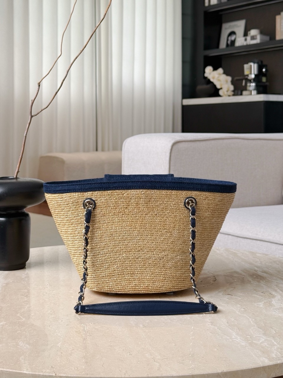 CHANEL Small Coco Beach Shopping Tote Bag Braided Straw and Denim - image 4