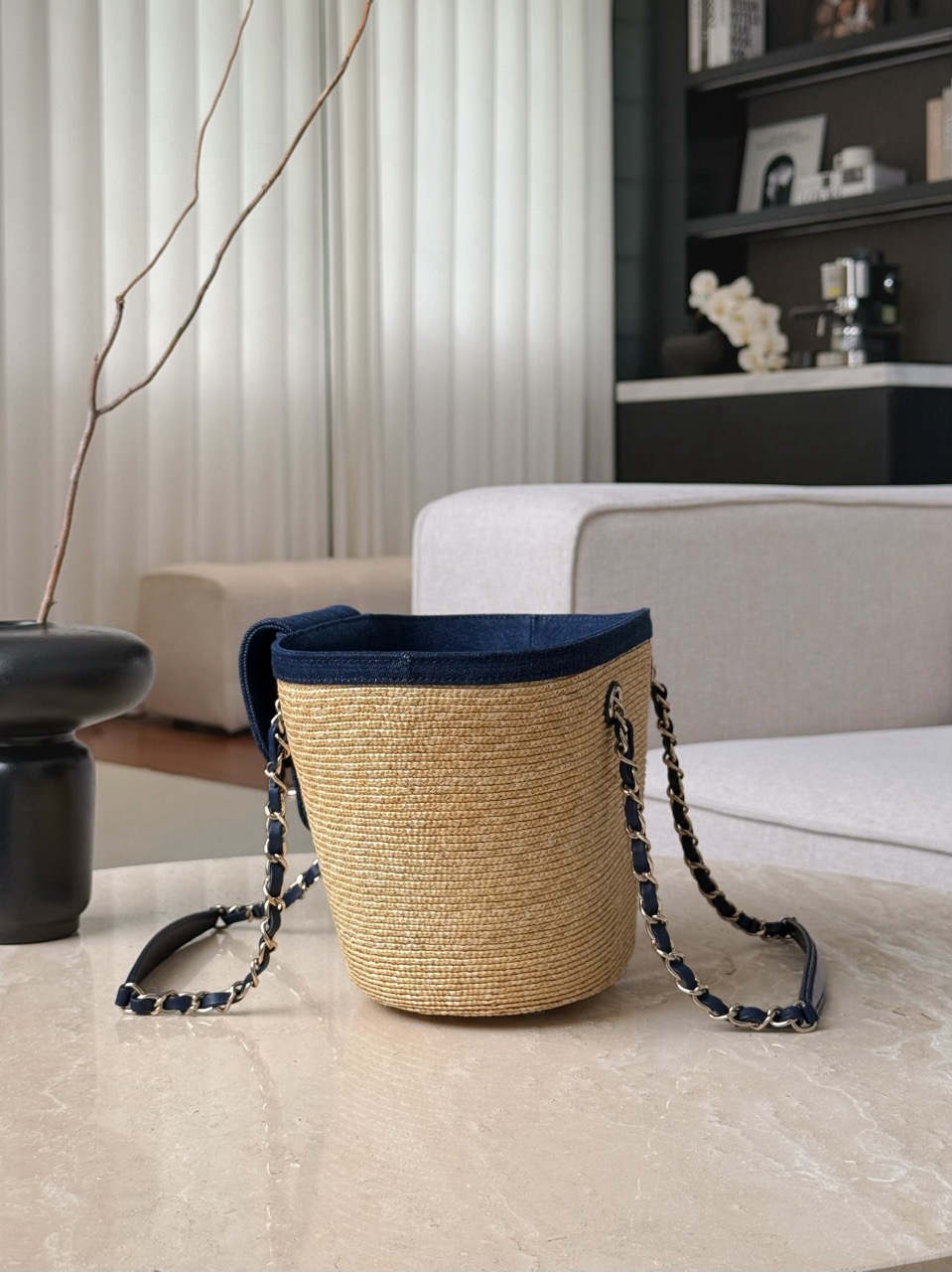 CHANEL Small Coco Beach Shopping Tote Bag Braided Straw and Denim - image 5