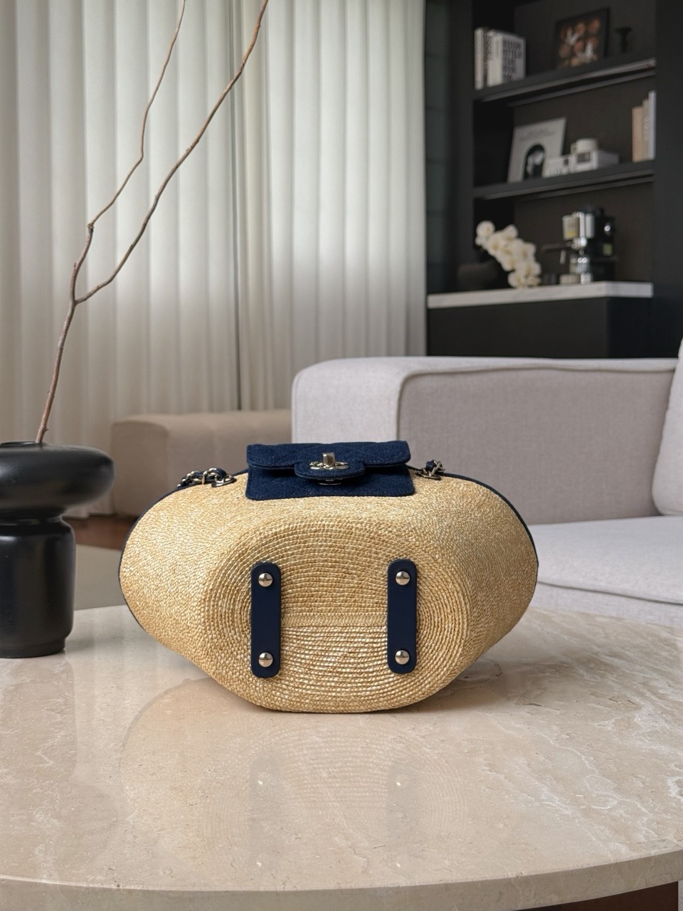 CHANEL Small Coco Beach Shopping Tote Bag Braided Straw and Denim - image 6