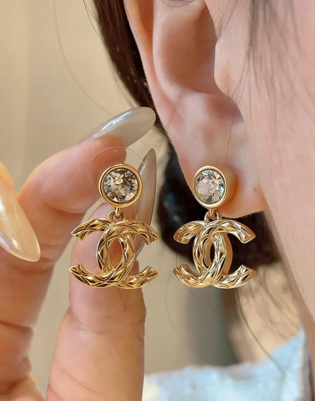 CHANEL Pendant Embossed CC Earrings - image 6