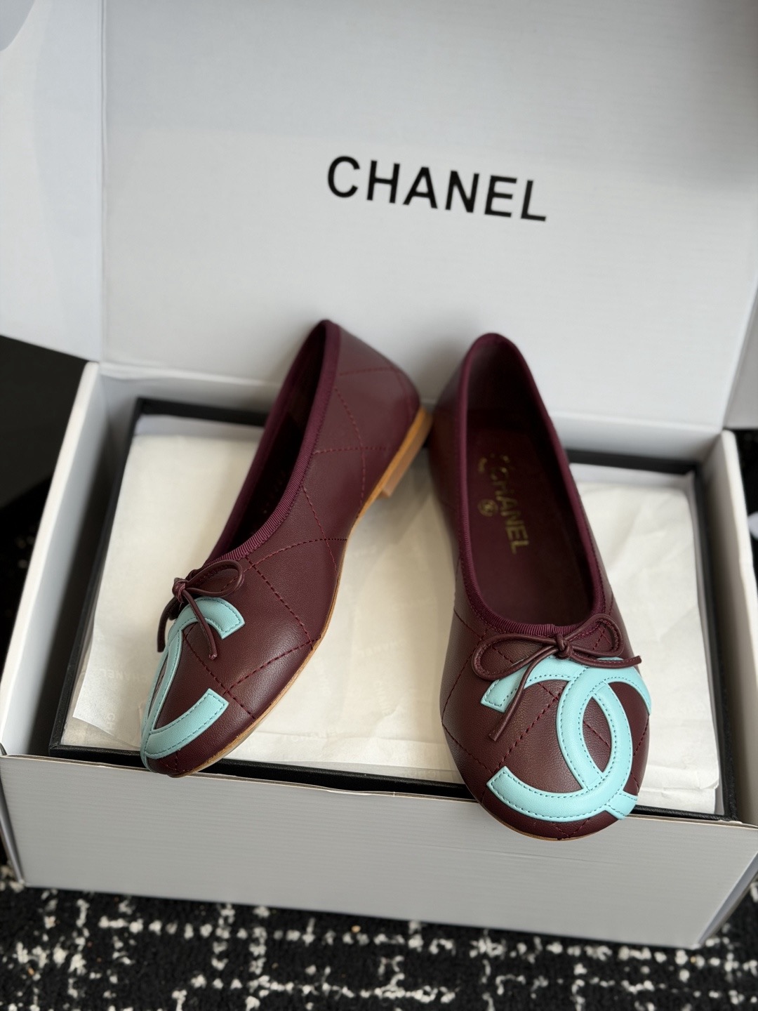 CHANEL Ballet flats Burgundy & Light Blue - image 3