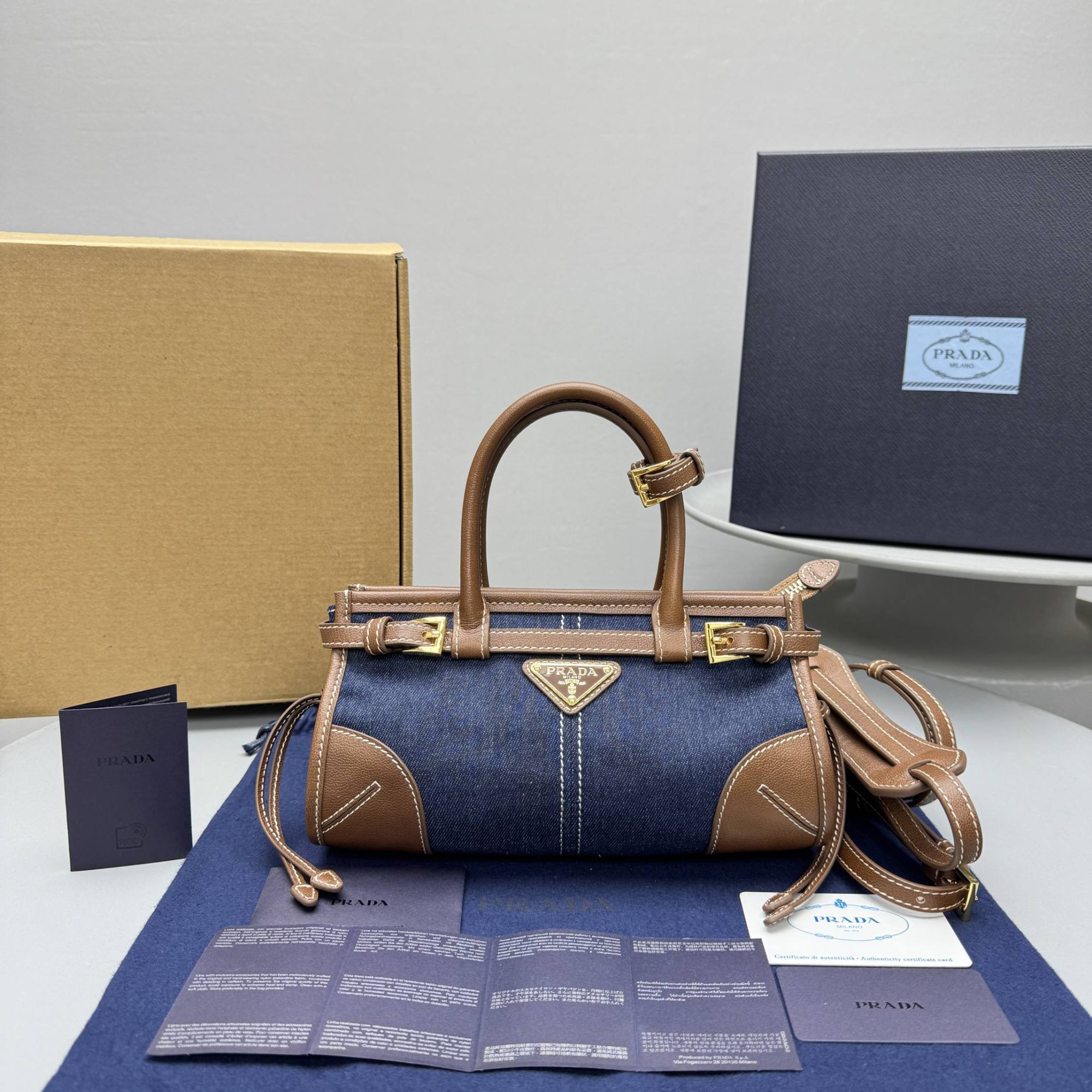 PRADA Blue/Coffee Bonnie small denim and leather handbag - image 2