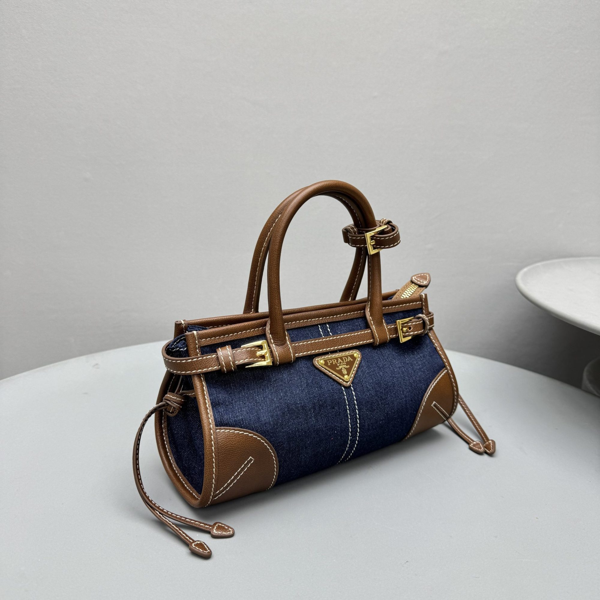 PRADA Blue/Coffee Bonnie small denim and leather handbag - image 4